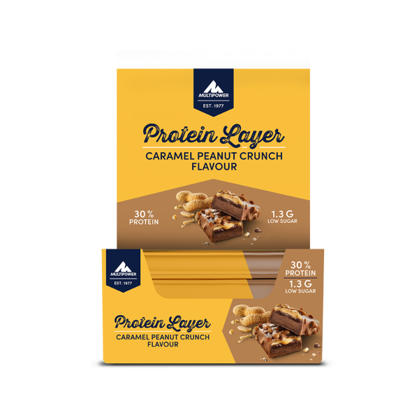 Multipower Protein Layer Riegel 18er Box Caramel Peanut Crunch MHD 02-2025