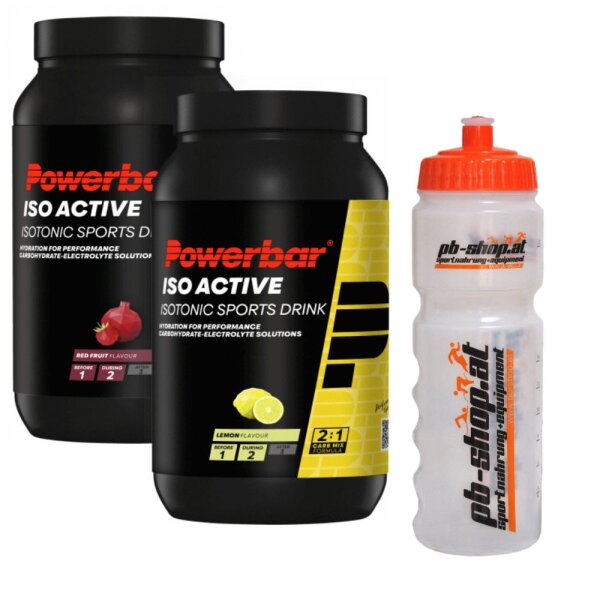 2 PowerBar Iso Active 1320g Dosen + 0,75lt Trinkflasche je 1 Dose Orange + Red Fruit