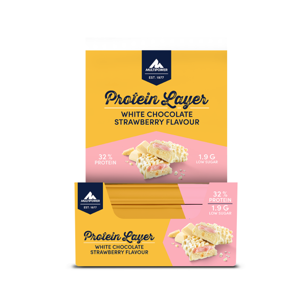 Multipower Protein Layer Riegel 18er Box White Chocolate Strawberry MHD 04-2025