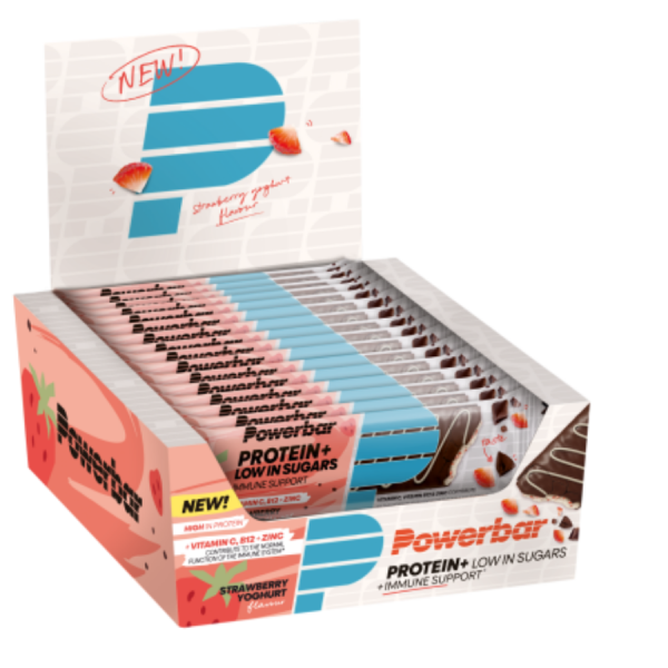 PowerBar Protein+ Low in Sugars Immune Support Riegel 16er Box Erdbeer Yoghurt MHD 04-2025